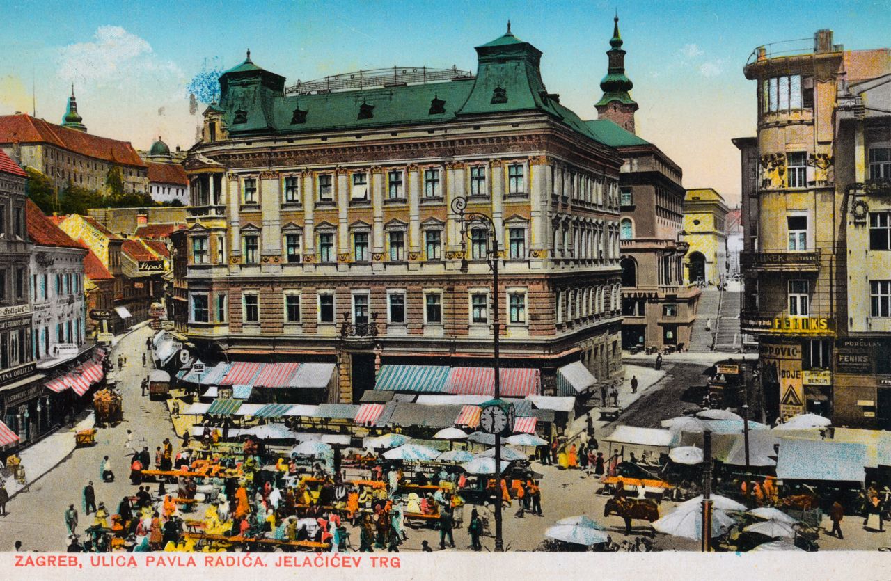 Palača Pongratz, Trg bana Jelačića oko 1925. godine (kolorirana fotografija)